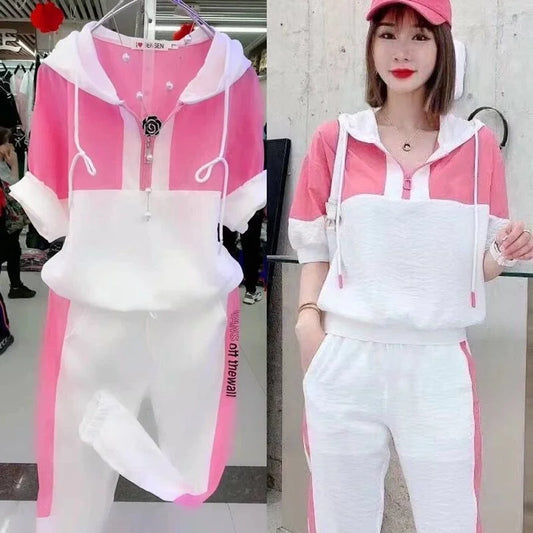 Women's Fashion Tracksuit Casual Suit Short Sleeve Hooded Top Pants Two Piece Set For Women