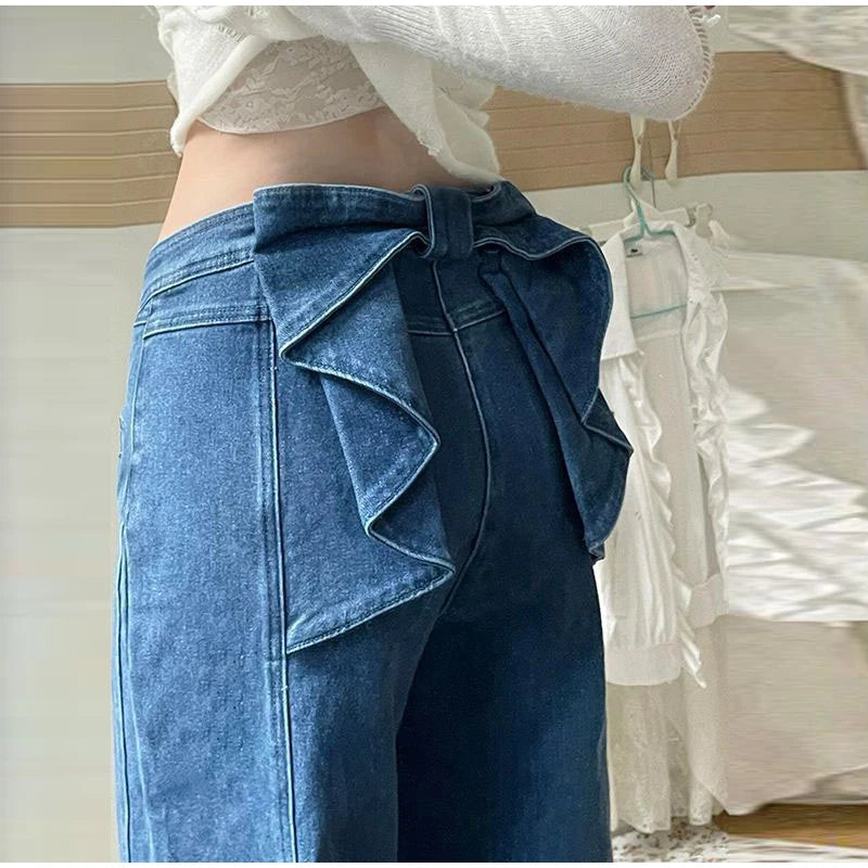 Y2K High Waist Flare Denim Jeans With Big Bow Ruffles Sweetheart Stylish Female Slim Fit Casual Trousers