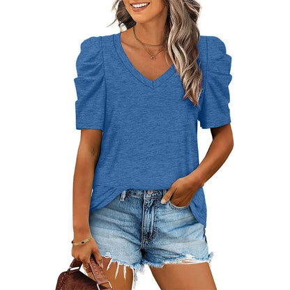 Women's Casual Summer Top Puff Short Sleeve Tee Shirt Cotton Pullover Blouse V-neck Solid Color Loose