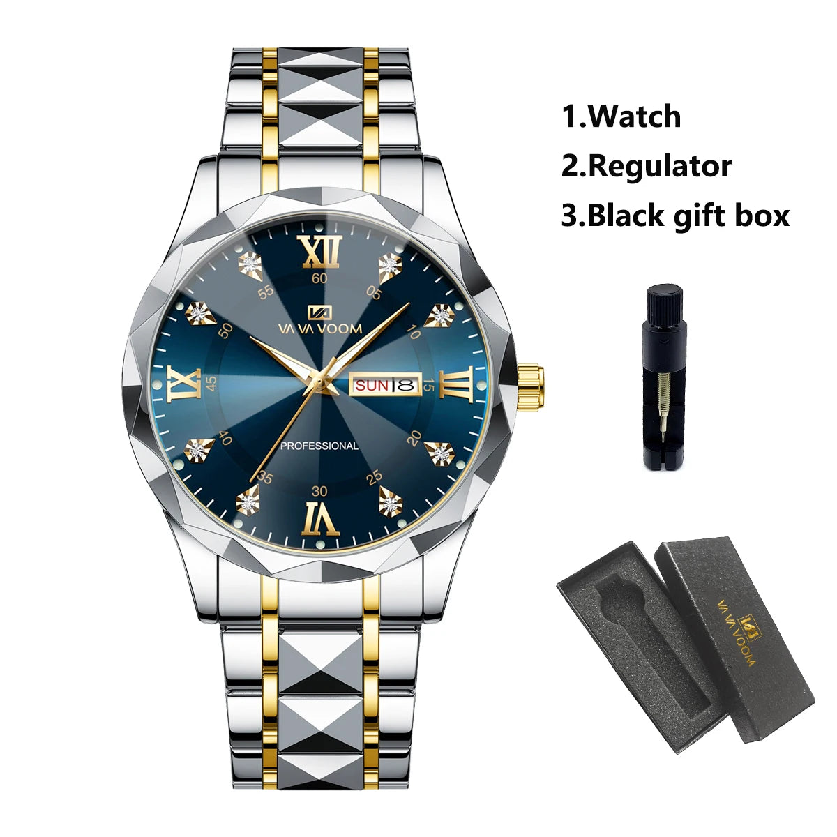 Men Watch Water Diamond Luxury Night Glow Double Calendar Quartz Movement 41mm Blue Gold Stainless Steel