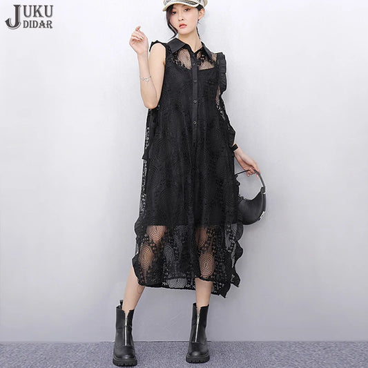 Solid Black White Sleeveless Black Lace Dress Loose Fit Button Up Gorgeous Casual Tank