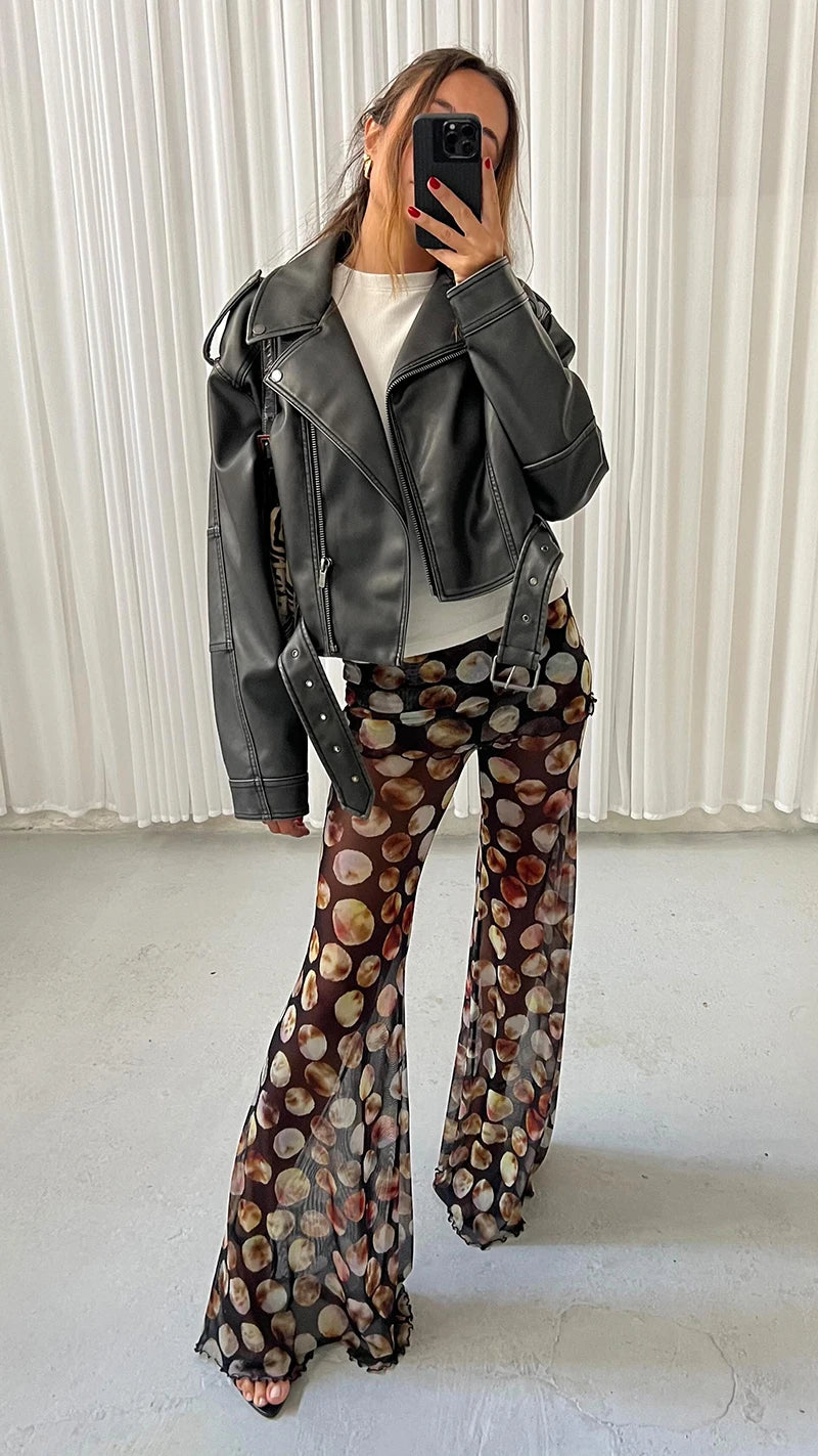 Mesh Leopard Print Trousers High Waist Print Wide Leg Pants Printed