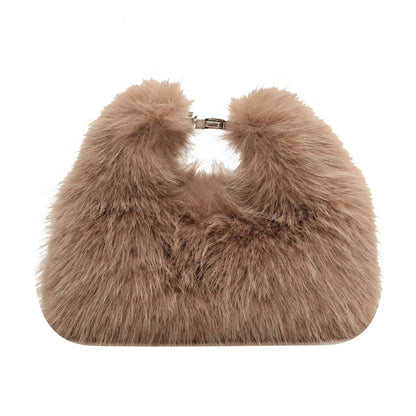 Women Faux Fur Shoulder Bag Adjustable Strap Fluffy Crossbody Bag Solid Color Clutch Purse Hobo Bag for Travel Party