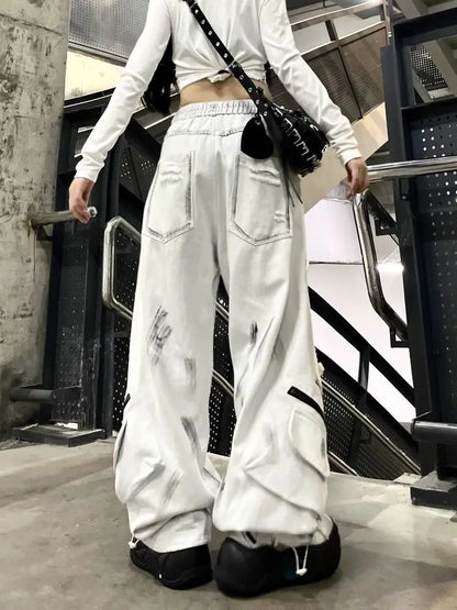 Women's White Ripped Cargo Baggy Jeans Y2K Oversize Japanese Harajuku High Street 2000S Style Aesthetic Vintage Jeans Clothing