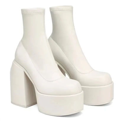Short Boots Women Leather Boot Square toe casual Zipper high heels Casual thick soled
