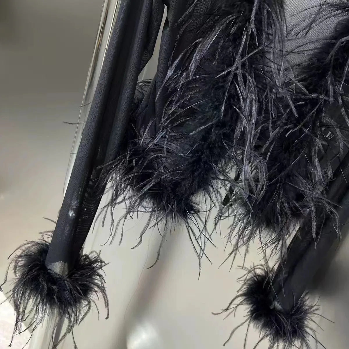 Sexy See Through Mesh Patchwork Ostrich Feather Hem Shirt 2025 New Autumn Winter Fashion Long Sleeve Night Club Party Tops Y2K