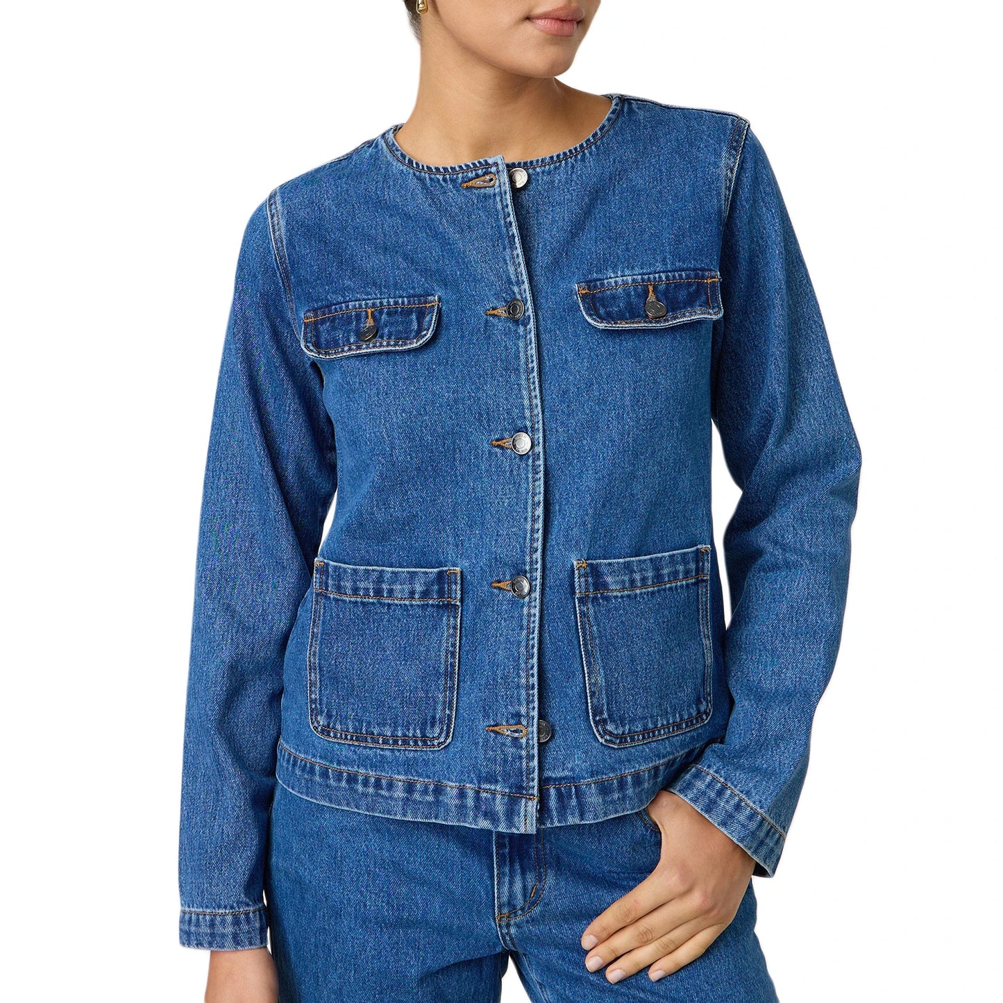 Ladies Classic Blue Denim Jacket with Round Neckline Long Sleeves and  Fit Button Down