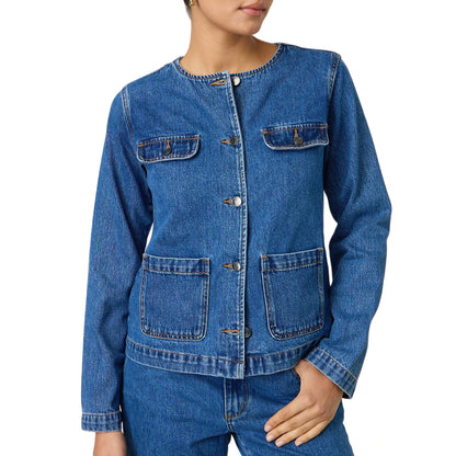 Ladies Classic Blue Denim Jacket with Round Neckline Long Sleeves and  Fit Button Down