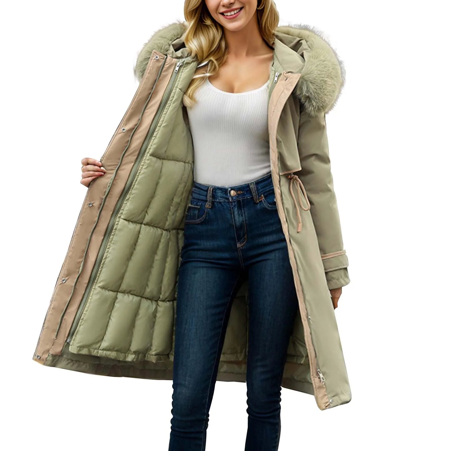 Women'S Winter Coat Parkas Detachable Patchwork Cotton Winter Long Hooded Thickened Cotton Coat