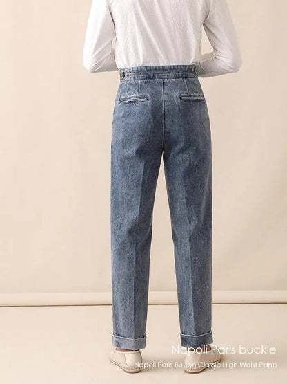 Men Naples Jeans British Styles Waist Buckle Casual Denim Pants