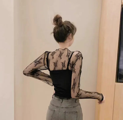 Hollow Out Mesh T-Shirt Transparent Mesh female Tops Long sleeve Basic Shirts SeeThrough Turtleneck