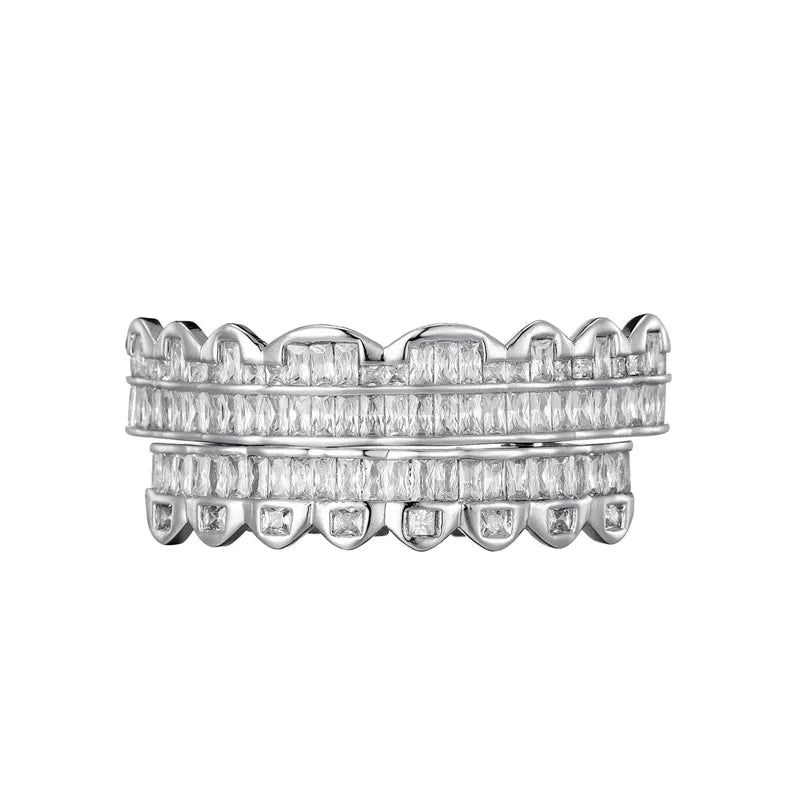 Baguette Teeth Grillz Set For Unisex Top Bottom Iced Out Cubic Zircon Stone Brass Material Hip Hop