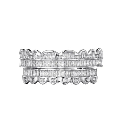 Baguette Teeth Grillz Set For Unisex Top Bottom Iced Out Cubic Zircon Stone Brass Material Hip Hop