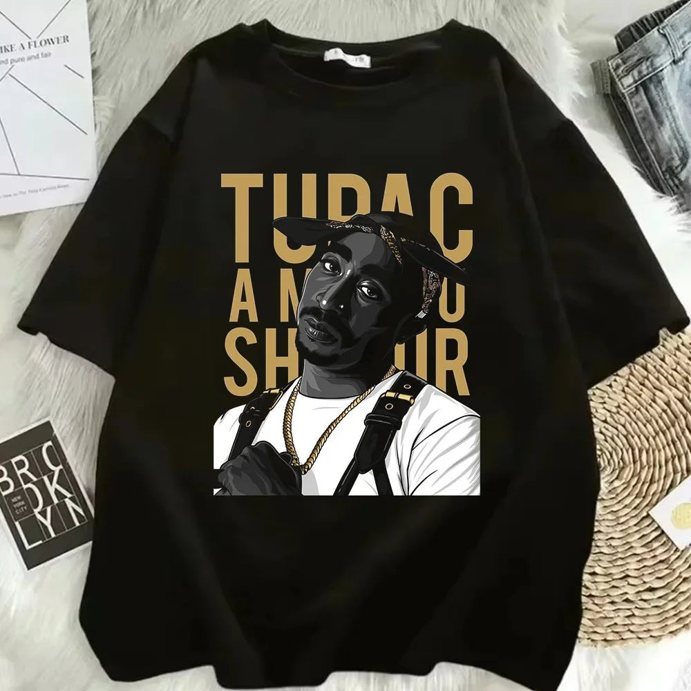 Summer Fashion T-shirt Rapper Tupac Top Hip-hop Street T-shirt with Printed Patterns Short-sleeved T-shirt for Men and Women