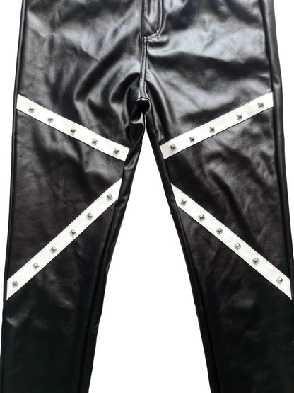 Men's Gothic Rock Punk Biker Slim Faux PU Leather Patchwork Studded Stretch Trousers