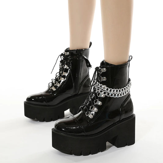 Gothic Black Boots for Women Chain Chunky Heel Platform Ankle Boots Zipper