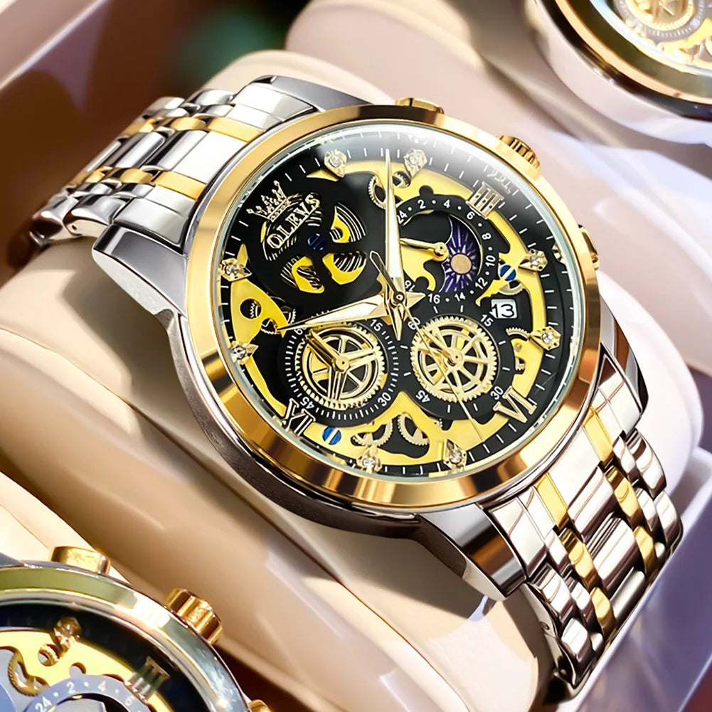 Top Brand Luxury Original Waterproof Quartz Watch for Man Gold Skeleton Style 24 Hour Day Night New