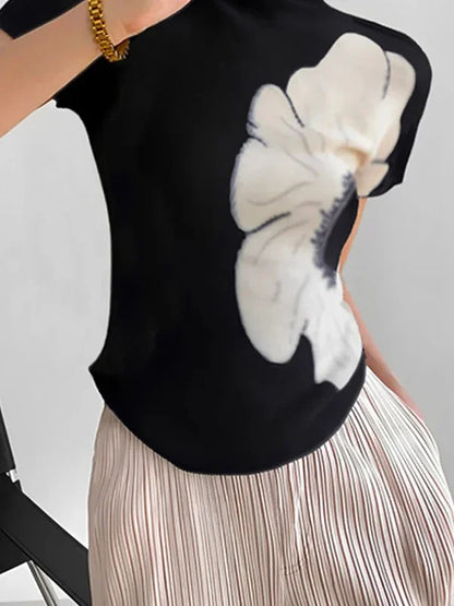 Fashion Flower Printed High Neck Basics Top Short Sleeves Skinny Casual Trendy T-shirts