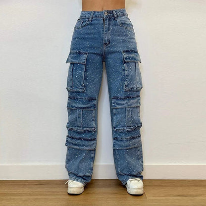 High Waist Cargo Denim Jeans With Full Rhinestones Sparkling Casual Baggy Pants Streetwear Chic Daily Trousers