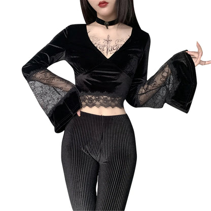 Gothic Lace Shirts Hollow Flare Long Sleeve V Neck Black Tops Retro Shirt