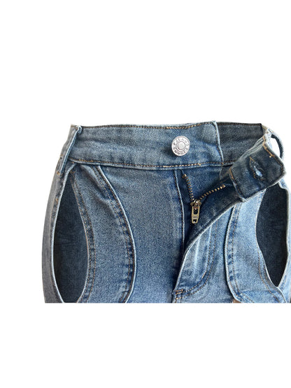 Vintage Cutout Hollow Out Criss Cross Straight Denim Pants High Waist Wide Leg Jeans Trousers