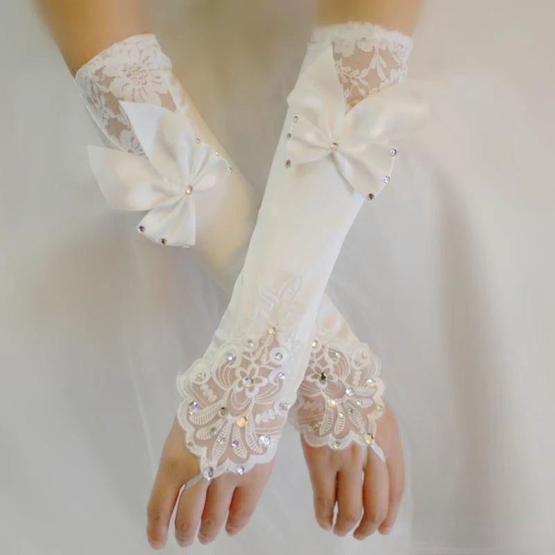 Ivory Satin Bridal Gloves Beads Lace Fingerless Long Ladies Glove Bow Wedding Accessories bride gloves