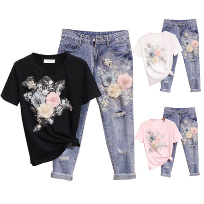 Women Two Piece Outfits 3D Flower Embroidery T Shirt Cropped Ripped Jeans