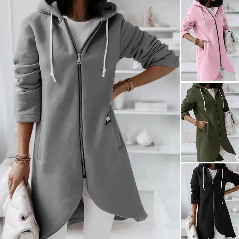 Autumn Women Long Hoodies Coat Zip Up Solid Hooded Casual Pockets Long Jackets