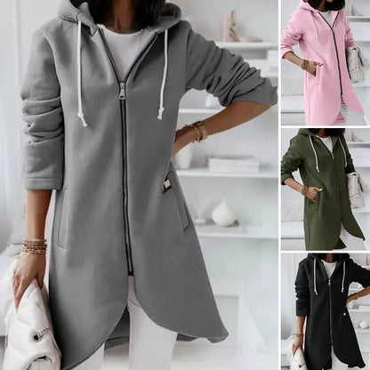 Autumn Women Long Hoodies Coat Zip Up Solid Hooded Casual Pockets Long Jackets