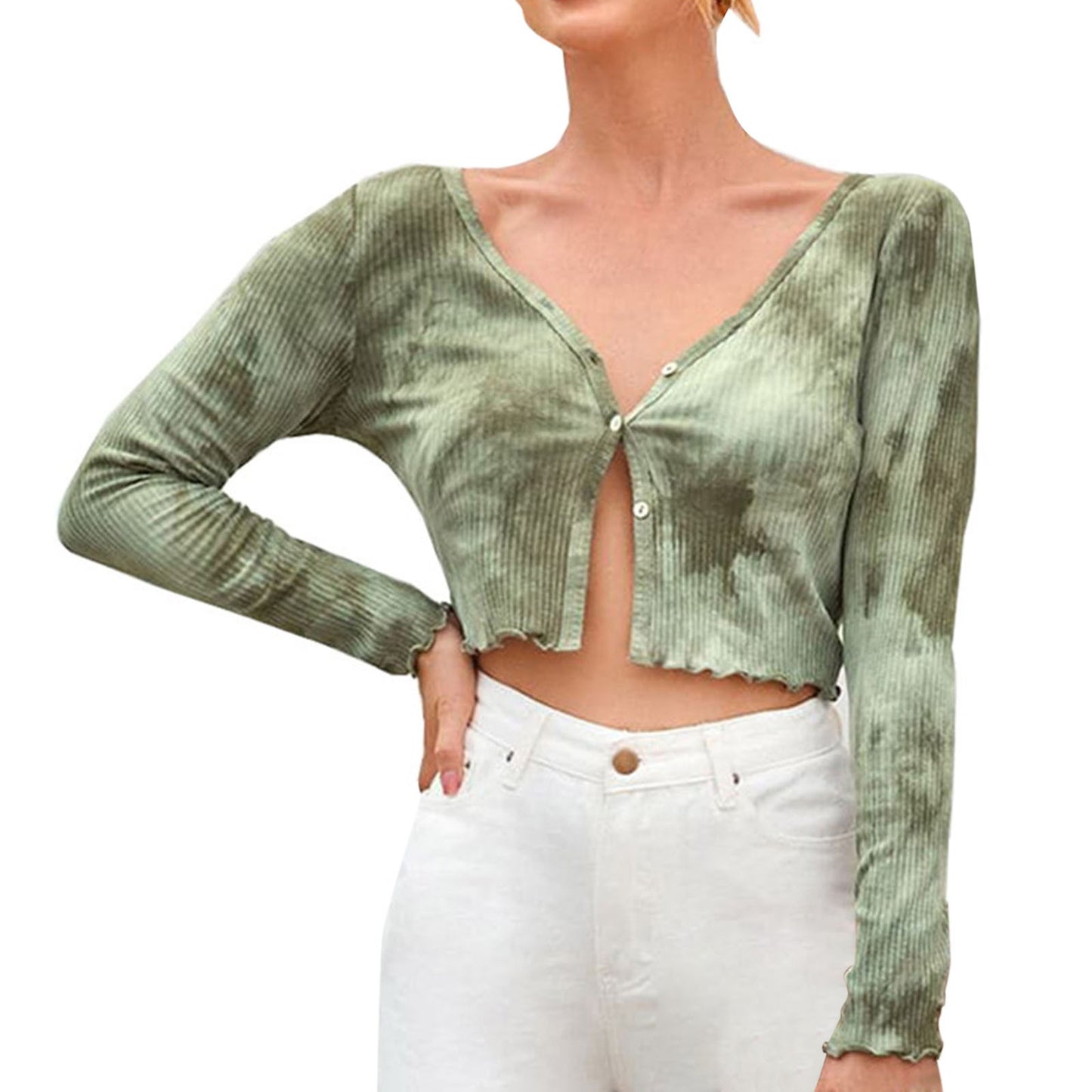 Tie Dye Ruched Crop Top V-neck Long Sleeve Ruffles Hem T-Shirt