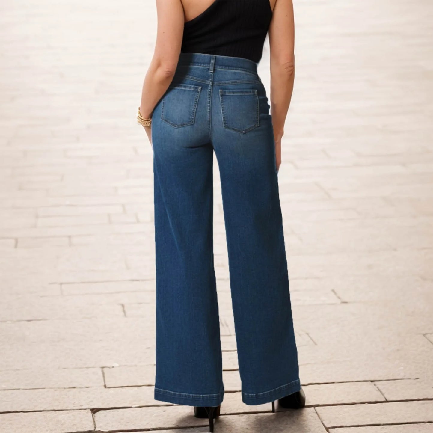 Wide Leg Elastic High Waist Solid Color Daily Wear Loose Full Length Jeans