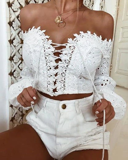 Elegant White Lace Blouse Shirt Cross Bandage Off Shoulder Long Sleeve Hollow Out Ladies Crop Top