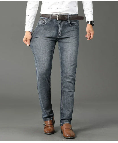 Men Classic Jeans Straight Regular Blue Stretch Denim Trousers Men's
