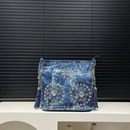 Gradient Diamond Elegant Shoulder Bag Large Capacity Diamond Denim Handbag