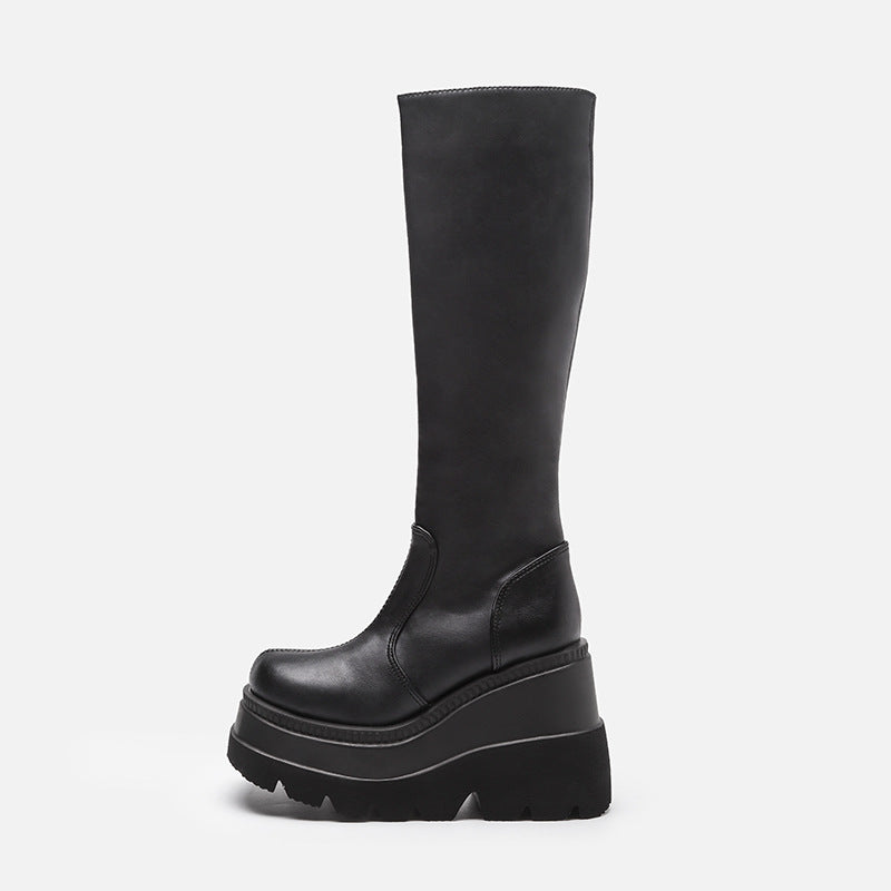 Wedge-heeled Mid-tube Boots Ladies Gothic Style Thick-soled Motorcycle Boots