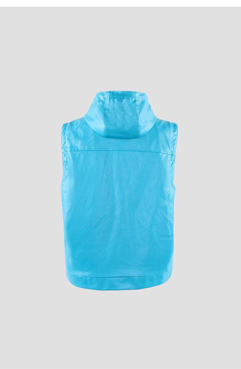 Mauroicardi Spring Autumn Luxury Elegant Cool Black Pu Leather Vest for Men with Hood Zipper Sleeveless Jacket Men Clothing 2023