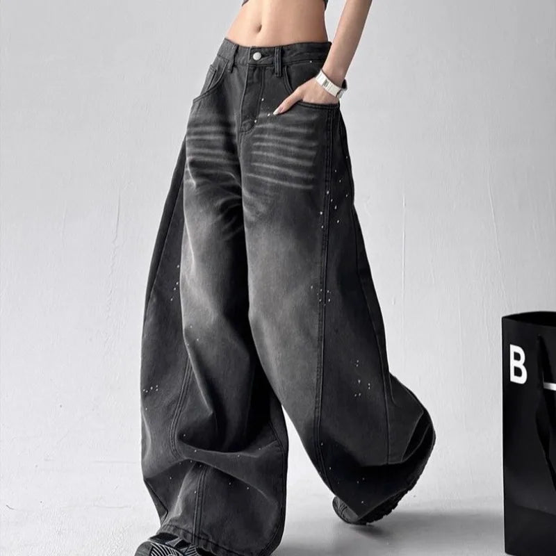 Women's Black Gothic Jeans Cargo Baggy Trousers Y2K American Harajuku High Street 2000S Aesthetic Wide Leg Jeans Pants 2025 New