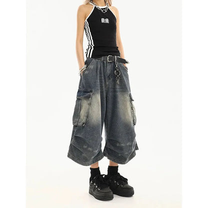 American Style Women Vintage Washed Workwear Denim Shorts with Multiple Pockets Pleated Design Loose Drapey Seven-Foot Pants