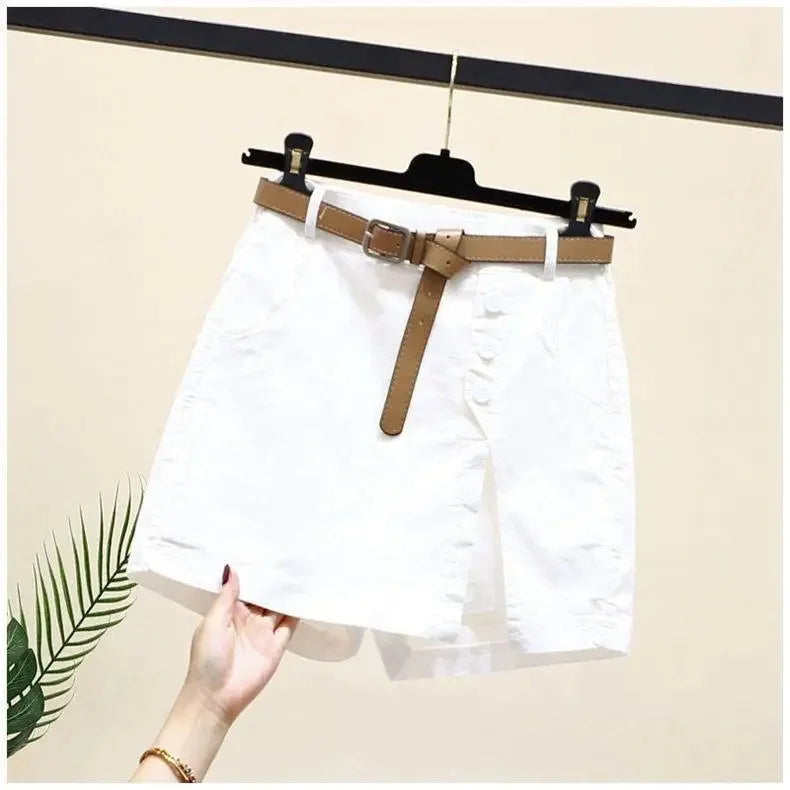Cotton Shorts High Waist A- Line Skirt with Belt Pure Cotton Pants