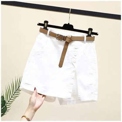 Cotton Shorts High Waist A- Line Skirt with Belt Pure Cotton Pants