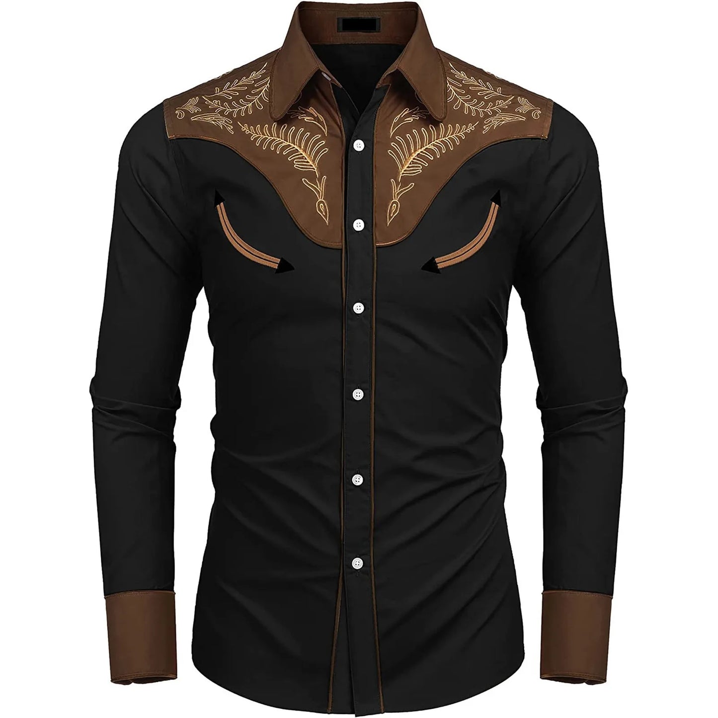 Men Casual Shirts Print Patchwork Single Breasted Western Cowboy Long Sleeve