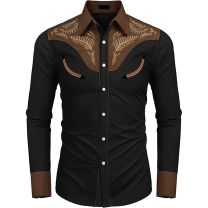 Men Casual Shirts Print Patchwork Single Breasted Western Cowboy Long Sleeve