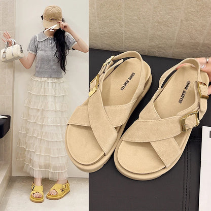Genuine Leather Cross Strap Roman Sandals Casual Comfortable Women's Platform