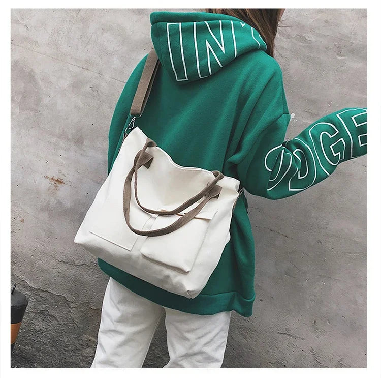 Fashion Canvas Bags Students Handbag Shoulder Bag Large Capacity Solid Color Totes Shopper Bag Casual Female CrossBody 2024
