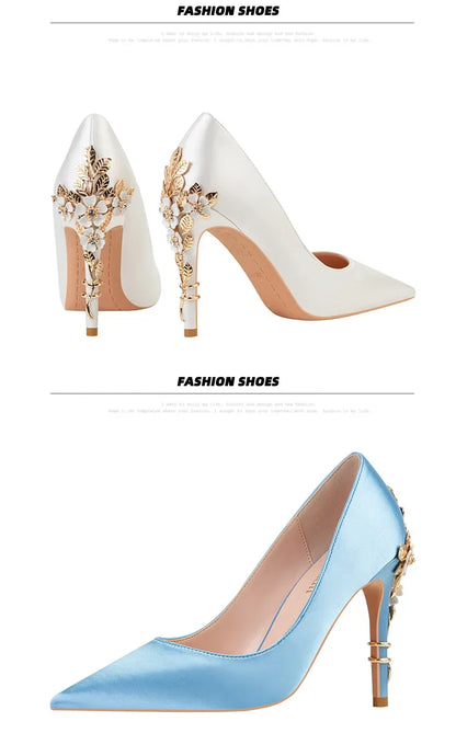 Women's Metal Flowers Stiletto High-heel Shoes Female  Light Luxury Wedding Shoes Pointed Toe