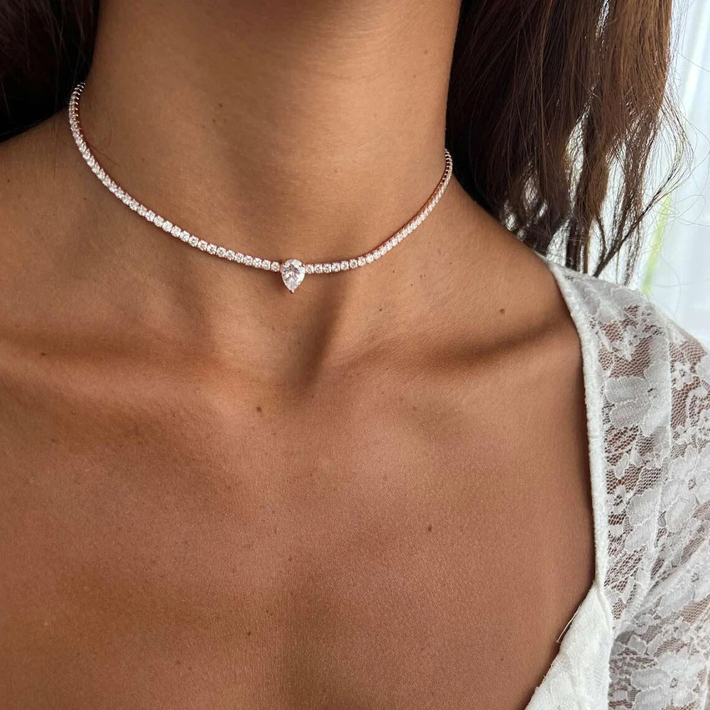 All Moissanite Tennis Necklace with Solitaire Waterdrop Diamond Riviera Necklace for Women 925 Sterling Silver Adjustable Choker