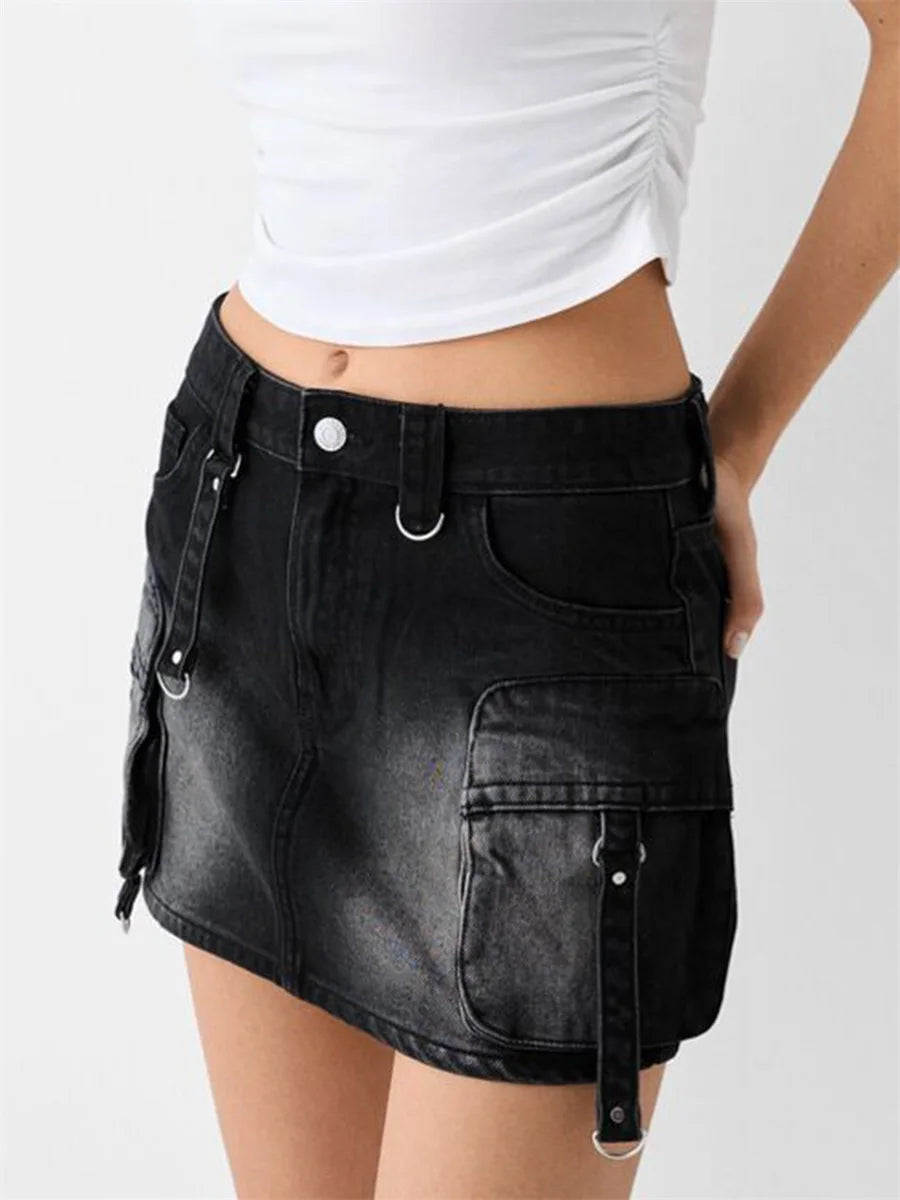 Women s High Waisted Denim Cargo Skirts with Side Pockets and Belt Loops Stylish A-line Mini Skirts for Casual Streetwear