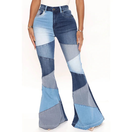 Women Flare Jeans Casual Pants Pannelled Collision High Waist Fit Female High Quality