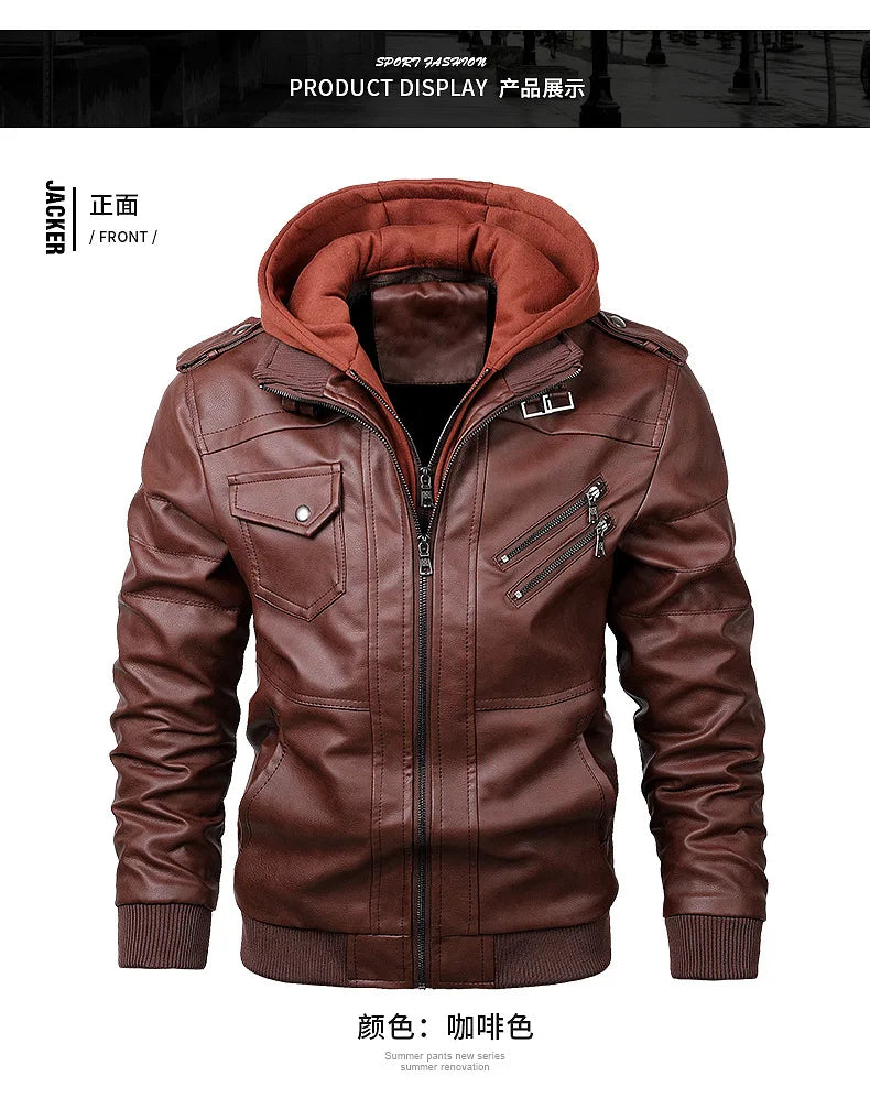 Motorcycle Leather Jacket Hat Detachable Men Hooded Slim Casual Coats