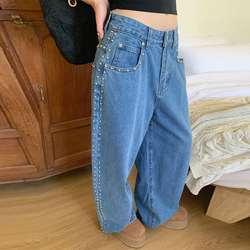 Metal Rivet Wide Leg Jeans Trousers Baggy Low Rise Pockets Denim